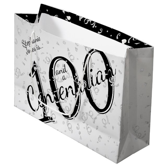 100 Yrs Centenarian Black/White Typography Large Gift Bag (Front Angled)