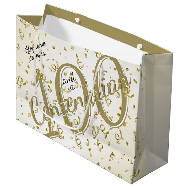 100 Yrs Centenarian Gold/White Typography Large Gift Bag (Front Angled)