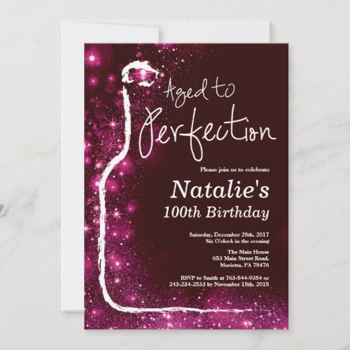 100t Wine Birthday Aged to Perfection Pink Glitter Invitation