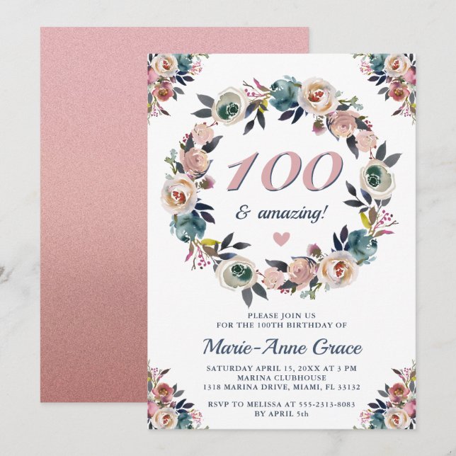 100th Anniversary Birthday Party Floral Ladies Invitation (Front/Back)