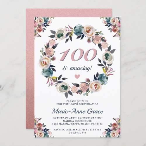 100th Anniversary Birthday Party Floral Ladies Invitation