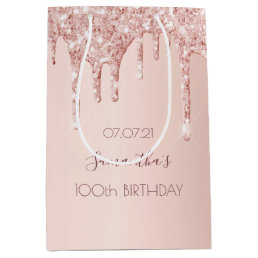 100th birthday 100 rose gold glitter drips name medium gift bag