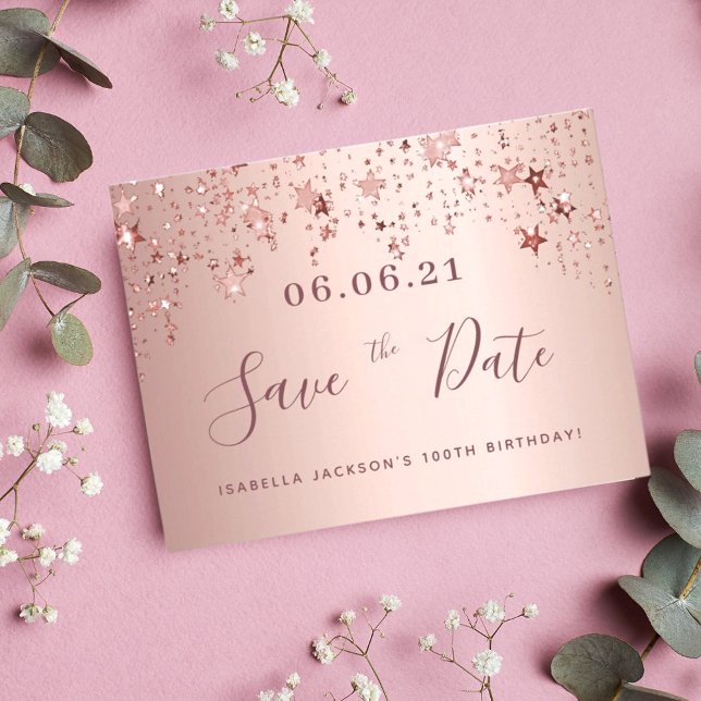 100th birthday 100 rose gold stars save the date postcard (Creator Uploaded)