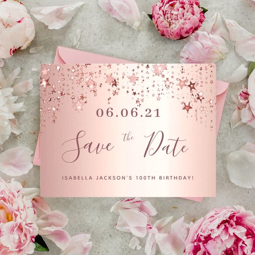 100th birthday 100 rose gold stars save the date postcard