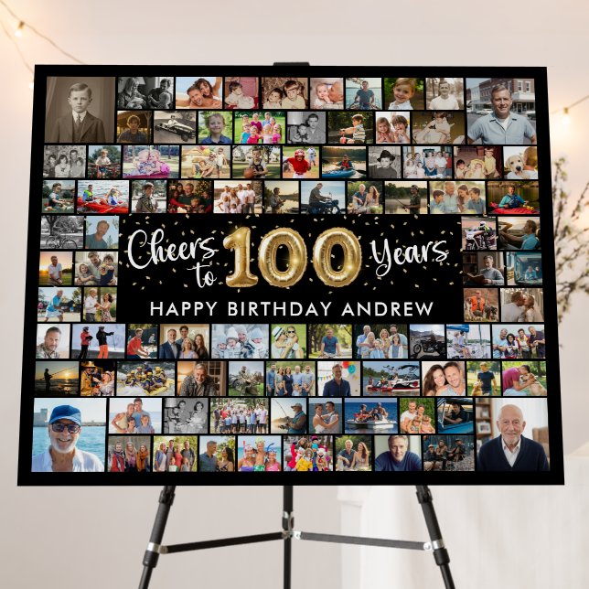 100th Birthday 92 Photos Cheers To Years Black Foam Board (In Situ (Stand))
