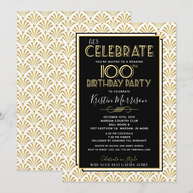 100th Birthday Art Deco Gatsby Roaring 1920s Party Invitation (Front/Back)