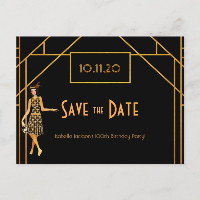 100th birthday art deco Gatsby save the date Postcard (Front)