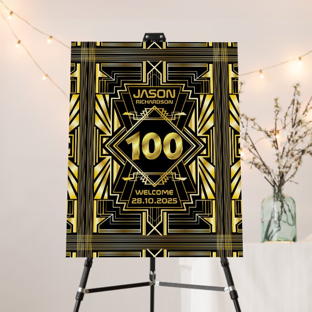 100th Birthday Art Deco Great Gatsby Welcome Gold Foam Board (In Situ (Stand))