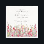 100th Birthday August Birth Flower Custom Napkins<br><div class="desc">Perfect table decor for an August birthday party. Pink gladiolus is the birth flower for that month. It forms a pretty watercolor bottom border on this floral personalized napkin. The birthday guest of honor's name, age and birthdate are placed above it using elegant calligraphy and typography. All text is editable....</div>