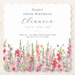 100th Birthday August Birth Flower Custom Paper Coaster<br><div class="desc">Perfect table decor for an August birthday party. Pink gladiolus is the birth flower for that month. It forms a pretty watercolor bottom border on this floral personalized coaster. The birthday guest of honor's name, age and birthdate are placed above it using elegant calligraphy and typography. All text is editable....</div>