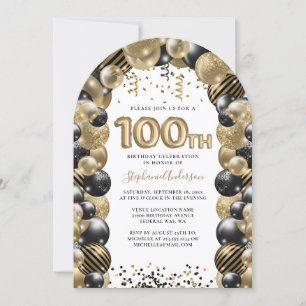 100th Birthday Balloon Gold Black Sparkle Invitation