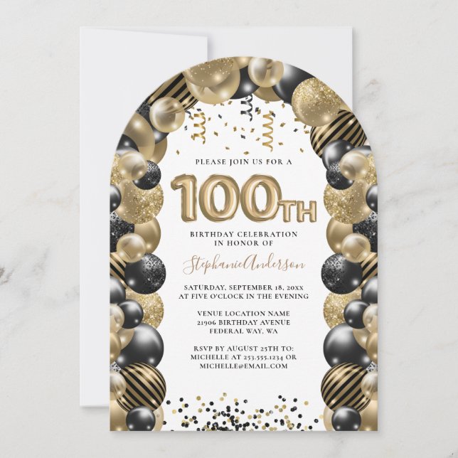 100th Birthday Balloon Gold Black Sparkle Invitation (Front)