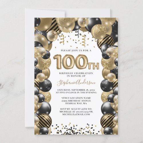 100th Birthday Balloon Gold Black Sparkle Invitation