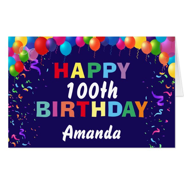 100th Birthday Balloon Navy Blue Extra Large Jumbo Card (Front Horizontal)
