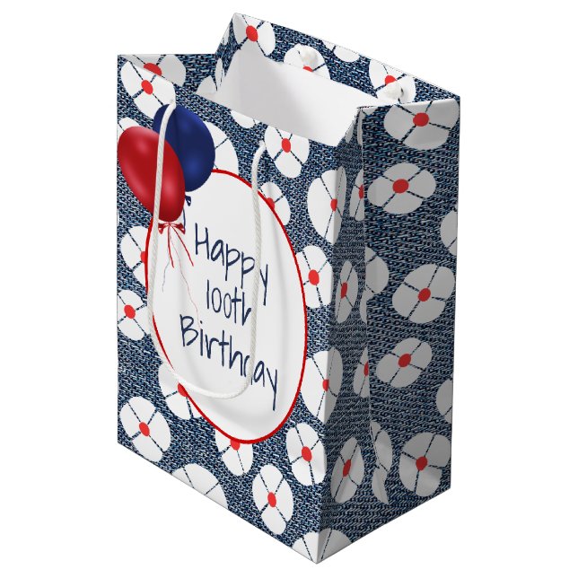 100th Birthday Balloons on Floral Denim Medium Gift Bag (Front Angled)