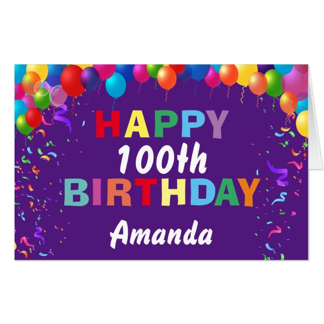 100th Birthday Balloons Purple Extra Large Jumbo Card (Front Horizontal)