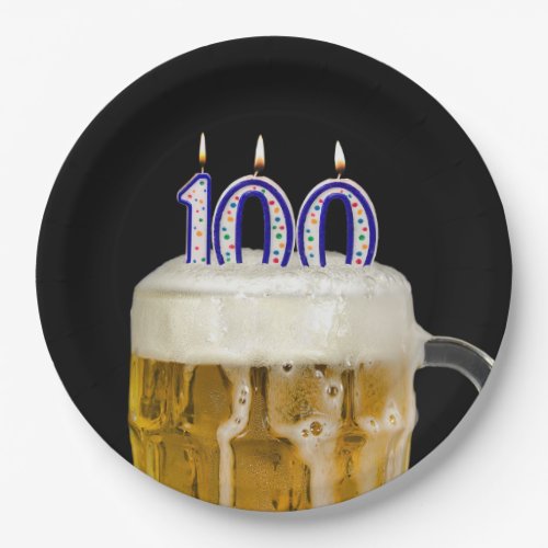 100th Birthday Beer on black Paper Plate