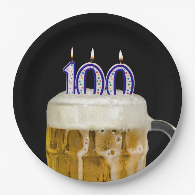 100th Birthday Beer on black Paper Plate (Front)