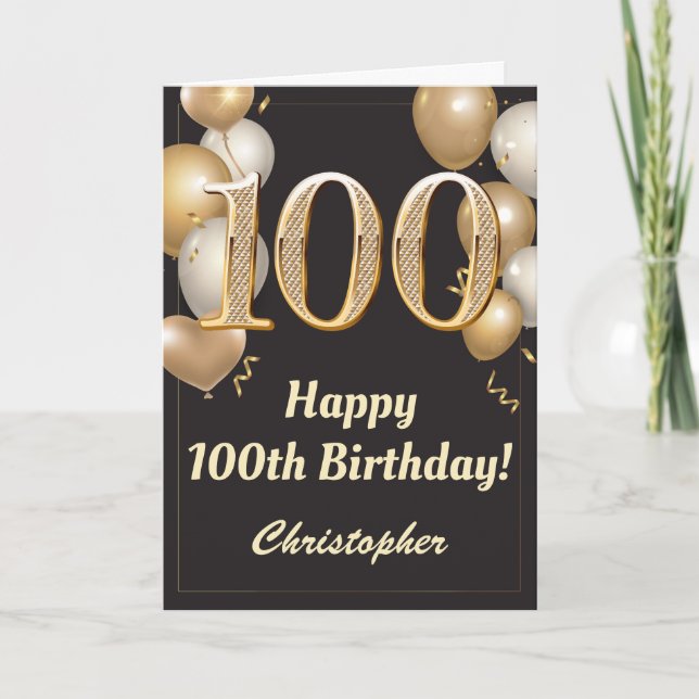 100th Birthday Black and Gold Balloons Confetti Card (Front)