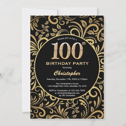 100th Birthday Black and Gold Floral Pattern Invitation