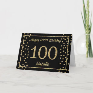 100th Birthday Black and Gold Glitter Confetti Card