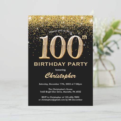 100th Birthday Black and Gold Glitter Confetti Invitation | Zazzle