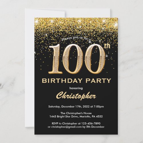 100th Birthday Black and Gold Glitter Confetti Invitation