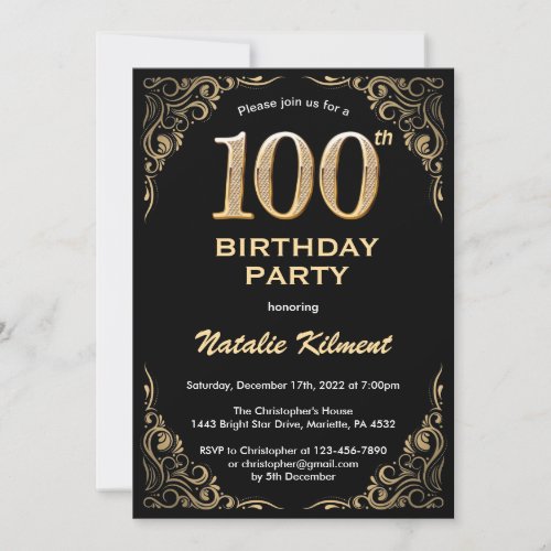 100th Birthday Black and Gold Glitter Frame Invitation