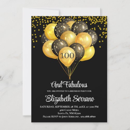 100th Birthday Black And Gold Invitation