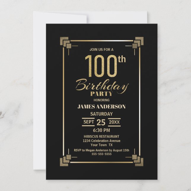 100th Birthday Black and Gold Party Invitation (Front)