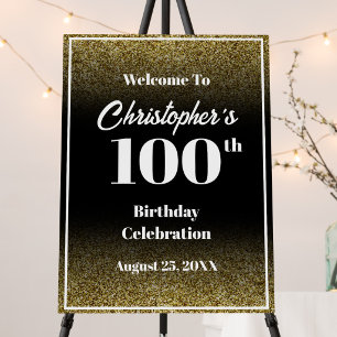 100th Birthday Black and Gold Welcome Sign