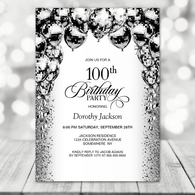 100th Birthday Black and White Balloons Party Invitation (Creator Uploaded)