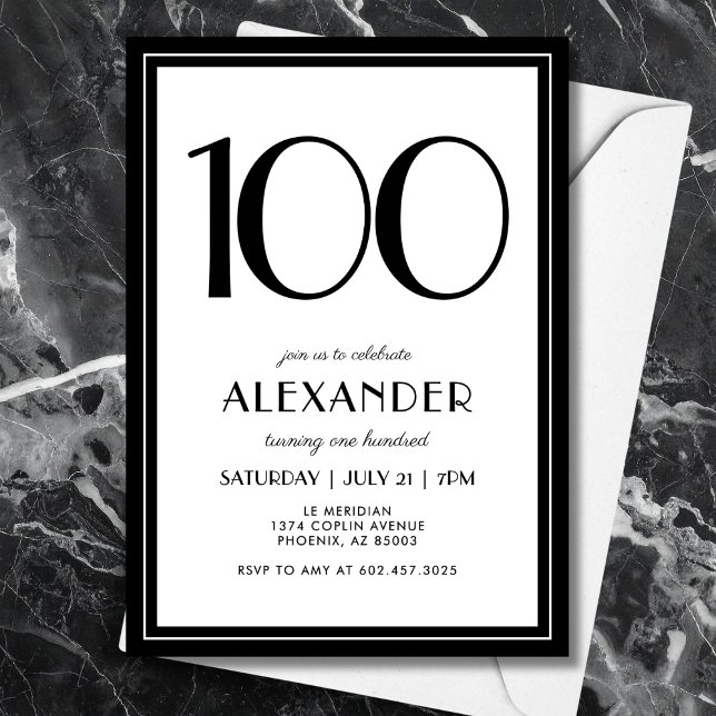 100th Birthday Black and White Modern Minimalist  Invitation (A chic black & white invitation that blends modern minimal design with elegance for 100th birthday.)