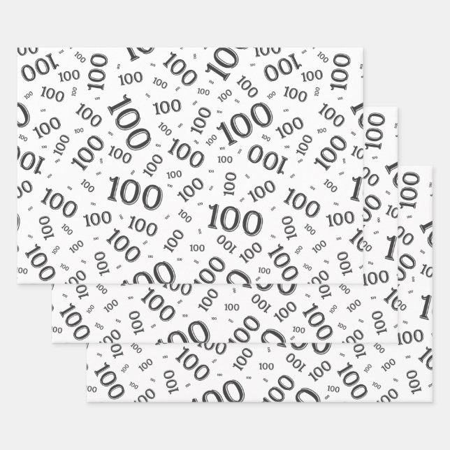 100th Birthday Black and White Number Pattern 100 Wrapping Paper Sheets (Set)