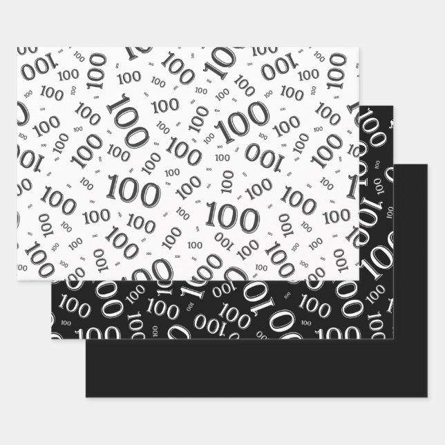 100th Birthday Black and White Number Pattern 100 Wrapping Paper Sheets (Set)