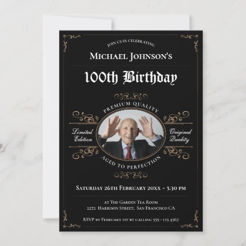 100th Birthday Black Gold Aged to Perfection Grand Invitation