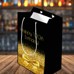100th birthday black gold bow sparkle medium gift bag