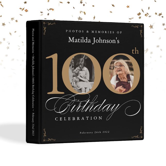 100th Birthday Black Gold Calligraphy Custom Photo 3 Ring Binder (100th Birthday Black Gold Calligraphy Custom Photo 3 Ring Binder)
