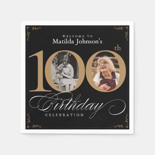 100th Birthday Black Gold Calligraphy Custom Photo Napkins