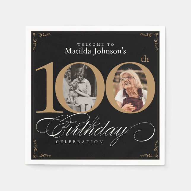 100th Birthday Black Gold Calligraphy Custom Photo Napkins (Front)