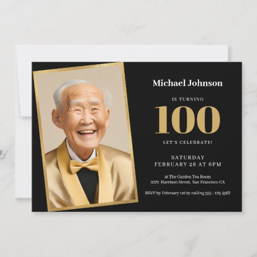 100th Birthday Black Gold Classy Custom Photo  Invitation
