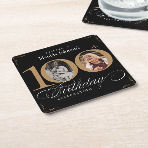 100th Birthday Black Gold Elegant Custom Photo Square Paper Coaster