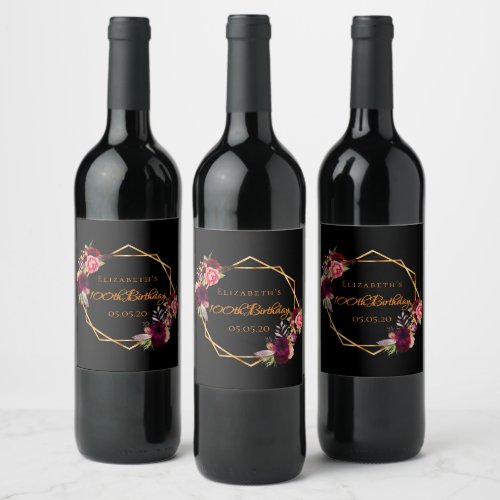 100th birthday black gold floral burgundy wine label