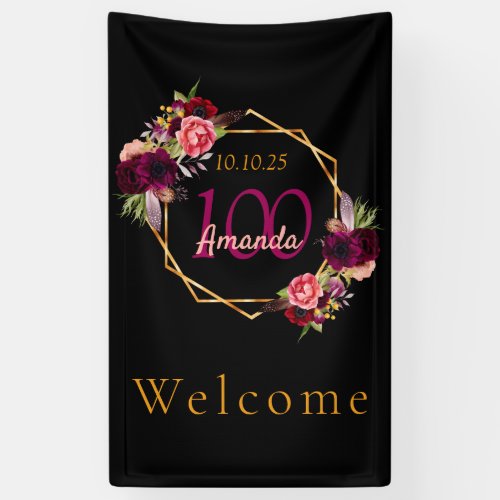 100th birthday black gold geo floral burgundy banner