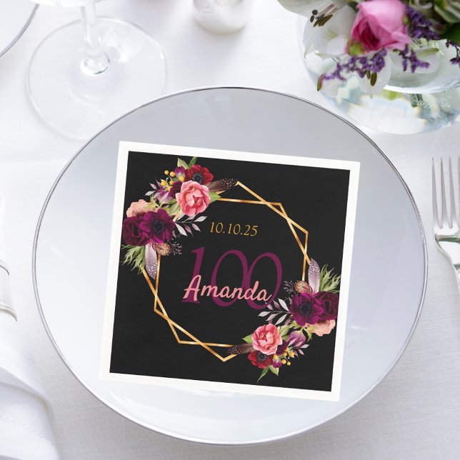 100th birthday black gold geo floral burgundy napkins (Creator Uploaded)