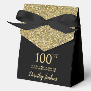 100th Birthday Black Gold Glitter Thank You Favor Boxes