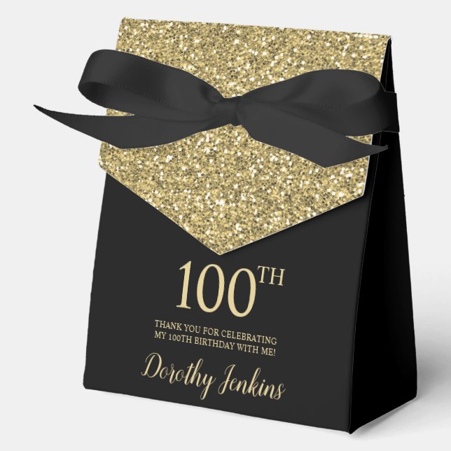 100th Birthday Black Gold Glitter Thank You Favor Boxes (Front)