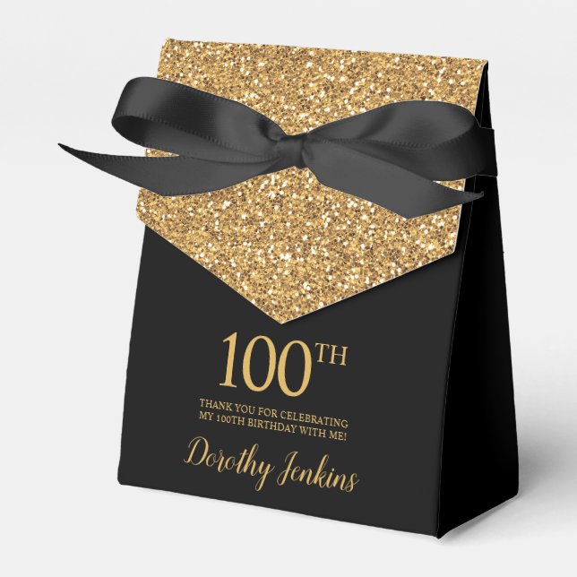 100th Birthday Black Gold Glitter Thank You Favor Boxes (Front Side)