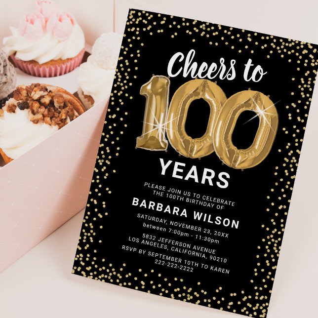 100th Birthday Black Gold Invitation (Creator Uploaded)