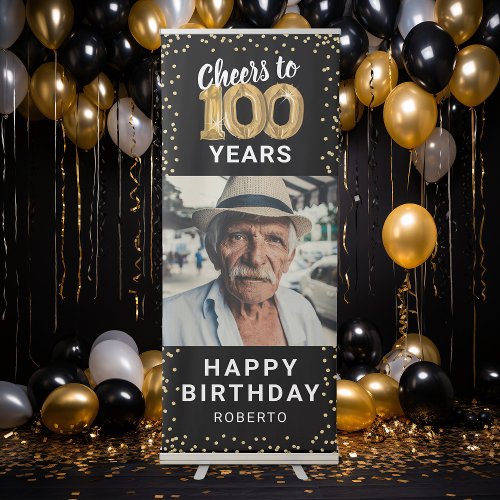 100th Birthday Black Gold Photo Retractable Banner